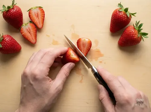 Produkt – nóż kuchenny do owoców, używany do krojenia truskawek na jasnej drewnianej desce.