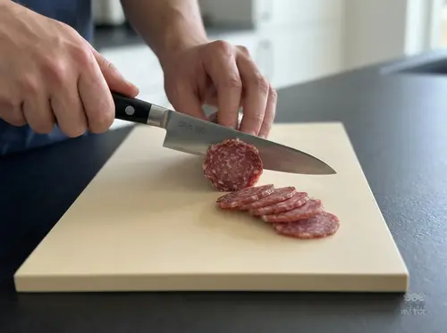 Japoński nóż uniwersalny Suncraft Senzo Professional Shotoh SG2 13,5 cm kroi kiełbasę na desce w nowoczesnej kuchni