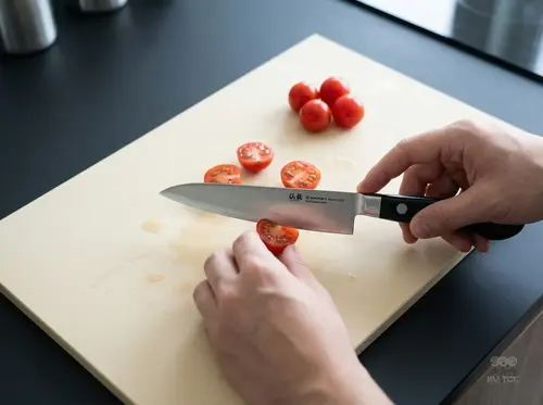 Japoński nóż Shotoh Suncraft Senzo Professional SG2, twardość 63, krojenie pomidorów na desce kuchennej