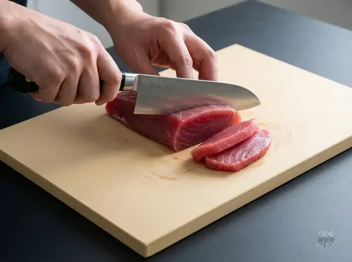 Suncraft Senzo Professional Santoku SG2 – japoński nóż 16,5 cm krojący tuńczyka na jasnej desce kuchennej