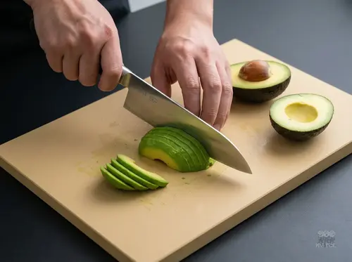 Suncraft Senzo Professional – japoński nóż Santoku SG2, 16,5 cm kroi awokado na desce kuchennej.