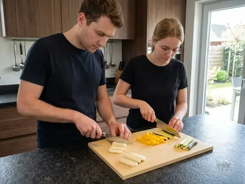 Suncraft Senzo Professional – japoński nóż Santoku SG2 16,5 cm przy krojeniu warzyw na desce w kuchni