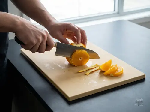 Japoński nóż Santoku Suncraft Senzo Professional SG2, 16,5 cm, krojenie pomarańczy na desce kuchennej