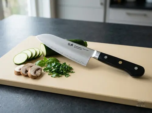 Profesjonalny japoński nóż Santoku Suncraft Senzo Professional SG2 na desce z warzywami w kuchni
