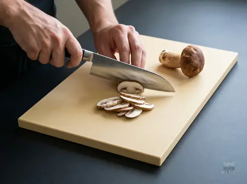Suncraft Senzo Professional – japoński nóż Santoku SG2 16,5 cm kroi grzyby na jasnej desce kuchennej.