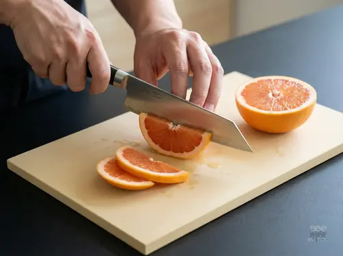 Japoński nóż Bunka Suncraft Senzo Professional, stal SG2, kroi grejpfruta na desce kuchennej
