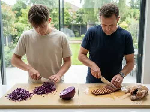 Suncraft Senzo Professional – japoński nóż Bunka SG2 16,5 cm podczas krojenia warzyw i mięsa w kuchni