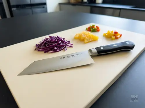 Profesjonalny nóż Bunka Suncraft Senzo Professional SG2 na desce z warzywami i owocami, kuchnia w tle