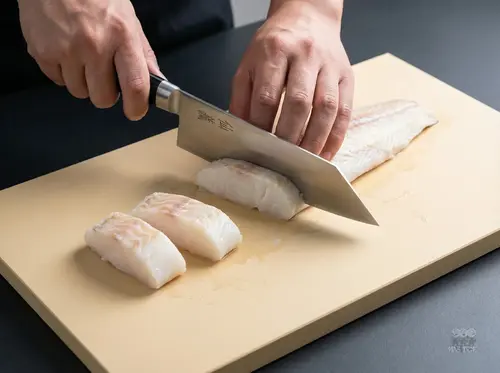 Profesjonalny nóż Bunka Suncraft Senzo Professional SG2 kroi filet ryby na jasnej desce kuchennej.