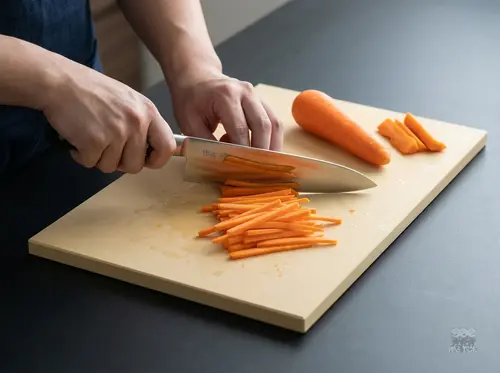 Suncraft Gyuto Senzo Professional – japoński nóż mistrzowski SG2 21 cm, krojenie marchewki na desce kuchennej