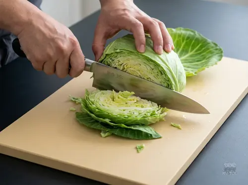 Japoński nóż Gyuto Suncraft Senzo Professional SG2 kroi świeżą kapustę na desce w kuchennym wnętrzu.
