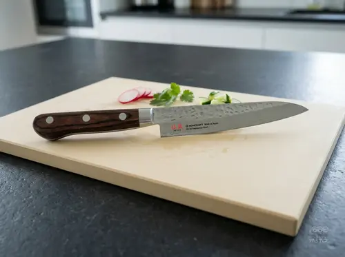 Nóż uniwersalny Suncraft Senzo Universal 33-warstwowy Shotoh 13,5 cm na desce kuchennej z warzywami.