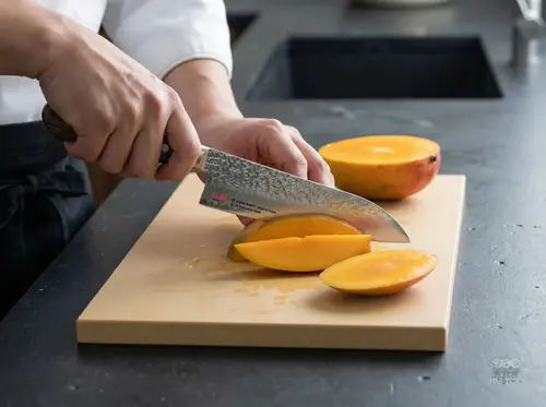 Japoński nóż Santoku Senzo Universal Suncraft tnie mango na desce w nowoczesnej kuchni, stal VG-10, 33 warstwy