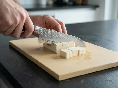 Japoński nóż Santoku Senzo Universal Suncraft 33-warstwowy, europejska rękojeść, krojenie tofu na desce