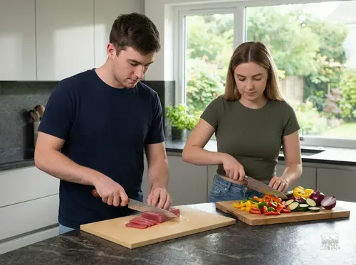 Japoński nóż kucharza Suncraft Senzo Universal Gyuto 18 cm podczas krojenia warzyw i ryby na kuchennym blacie.