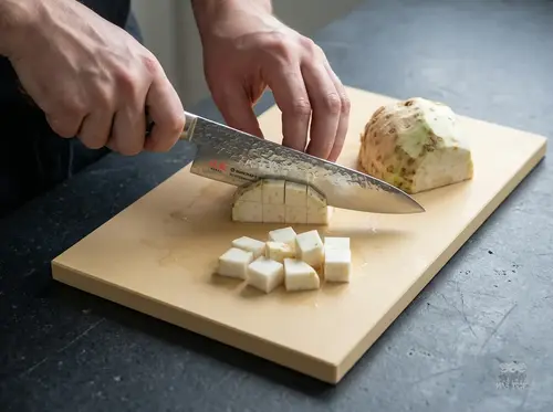 Suncraft Senzo Universal, 33-warstwowy nóż Gyuto z rękojeścią europejską, krojący warzywa na desce kuchennej.