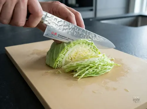 Japoński nóż kucharza Suncraft Senzo Universal Gyuto z europejską rękojeścią kroi świeżą kapustę na desce.