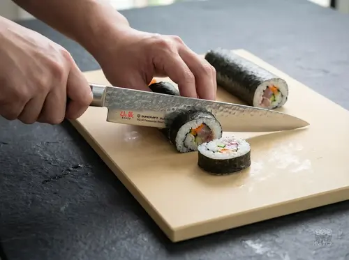 Suncraft Senzo Universal 33-warstwowy japoński nóż VG-10 do sushi na desce podczas krojenia maki