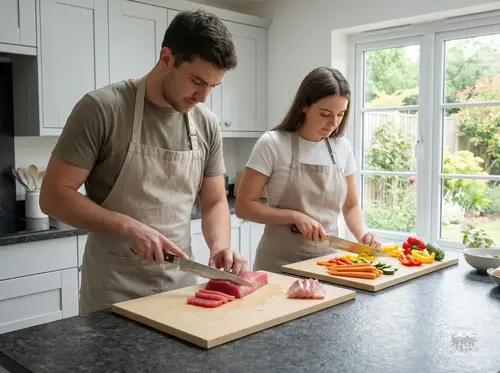 Senzo Universal Suncraft – japoński nóż VG-10 do sushi i mięs 24 cm na kuchennym blacie, używany przez kucharzy