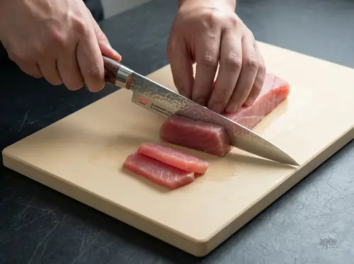 Suncraft Senzo Universal – 33-warstwowy nóż japoński VG-10 do sushi na desce podczas krojenia tuńczyka