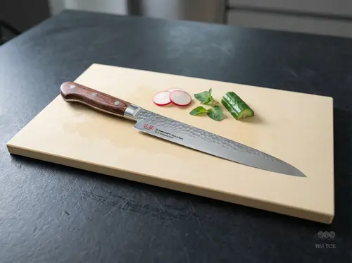 Japoński nóż Suncraft Senzo Universal 24 cm na desce z warzywami, idealny do sushi i mięs, VG-10, 33 warstwy