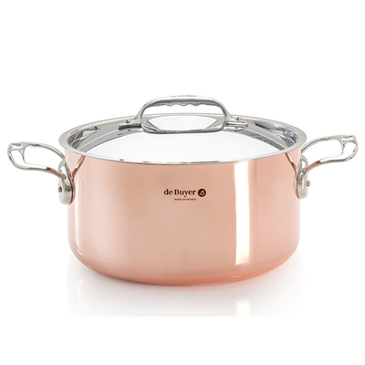 Inocuivre - Miedziany garnek, stalowe uchwyty i pokrywka, 8 litrów, Ø 28 cm, De Buyer