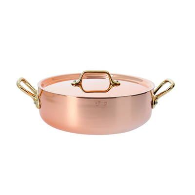 Inocuivre VIP - Miedziana patelnia do serwowania, mosiężne uchwyty + pokrywka, Ø 28 cm, De Buyer