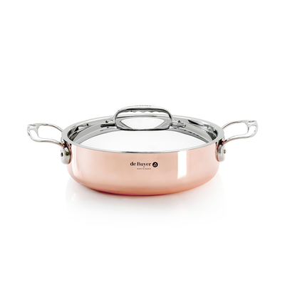 Prima Matera - Miedziana patelnia do serwowania, stalowe uchwyty i pokrywka, Ø 24 cm, De Buyer