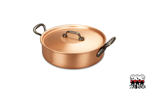 Classic - Ręcznie tworzony miedziany niski garnek z pokrywką, żeliwne uchwyty, 2,9 litra, Ø 24 cm, Falk
