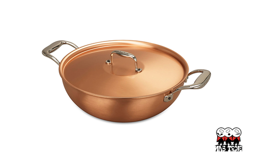 Signature - Miedziany wok z wkładem do gotowania na parze, dwa krótkie uchwyty + pokrywka, 4,5 litra, Ø 28 cm, Falk