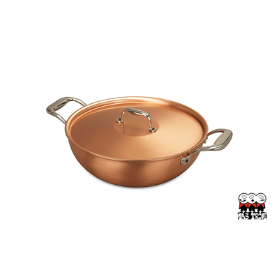 Signature - Miedziany wok z wkładem do gotowania na parze, dwa krótkie uchwyty + pokrywka, 4,5 litra, Ø 28 cm, Falk