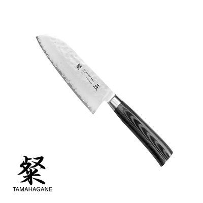 Tamahagane Tsubame Black - Japoński 3-warstwowy mały nóż Santoku, 12 cm, Kataoka