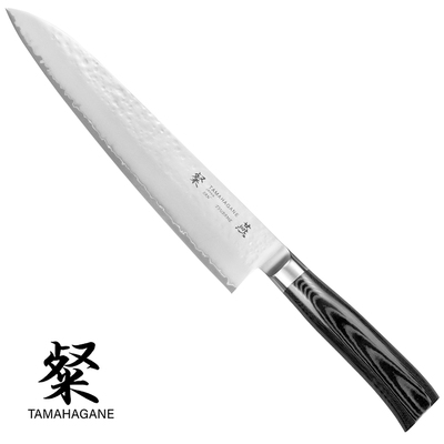 Tamahagane Tsubame Black - Japoński 3-warstwowy długi nóż szefa kuchni, Gyutoh, 24 cm, Kataoka