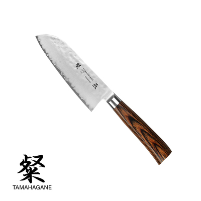 Tamahagane Tsubame Brown - Japoński 3-warstwowy mały nóż Santoku, 12 cm, Kataoka