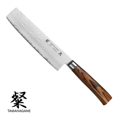 Tamahagane Tsubame Brown - Japoński 3-warstwowy nóż szefa kuchni, Nakiri, 18 cm, Kataoka