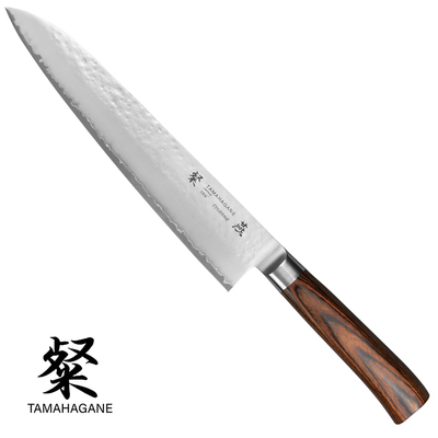 Tamahagane Tsubame Brown - Japoński 3-warstwowy długi nóż szefa kuchni, Gyutoh, 24 cm, Kataoka