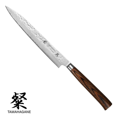 Tamahagane Tsubame Brown - Japoński 3-warstwowy nóż do sushi, Sujihiki, 21 cm, Kataoka