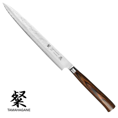 Tamahagane Tsubame Brown - Japoński 3-warstwowy nóż do sushi, Sujihiki, 24 cm, Kataoka
