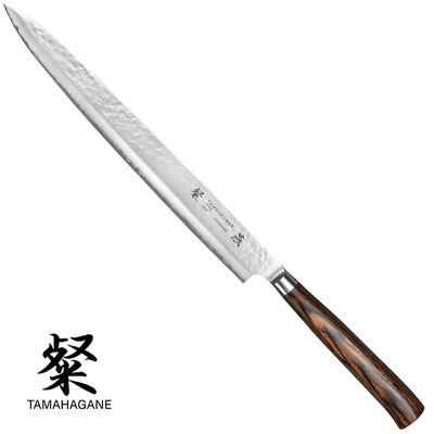 Tamahagane Tsubame Brown - Japoński 3-warstwowy nóż do sushi, Sujihiki, 27 cm, Kataoka