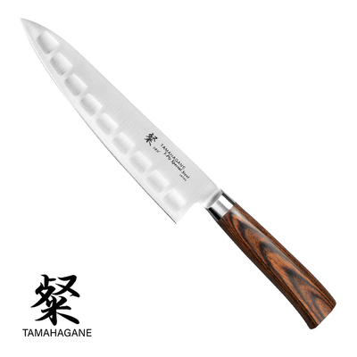 Tamahagane San Brown - 3-warstwowy, żłobiony japoński nóż kucharza, Gyutoh, 21 cm, Kataoka
