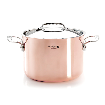 Prima Matera - Wysoki miedziany garnek, stalowe uchwyty i pokrywka, 7,5 litra, Ø 24 cm, De Buyer
