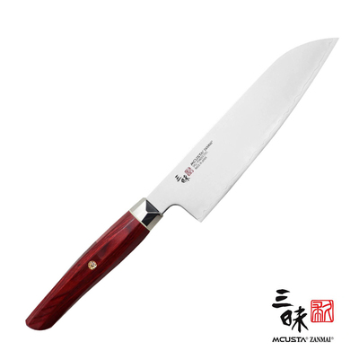 Revolution Red - Japoński nóż do warzyw i mięs Santoku, stal proszkowa SPG2, 18 cm, Mcusta Zanmai