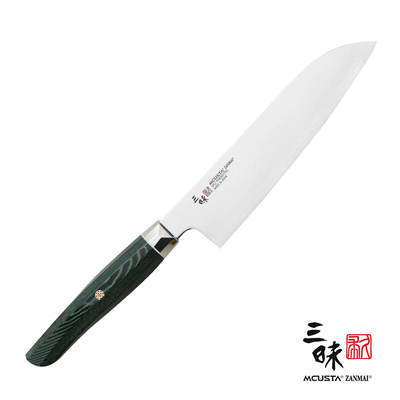 Revolution Green - Japoński nóż do warzyw i mięs Santoku, stal proszkowa SPG2, 18 cm, Mcusta Zanmai
