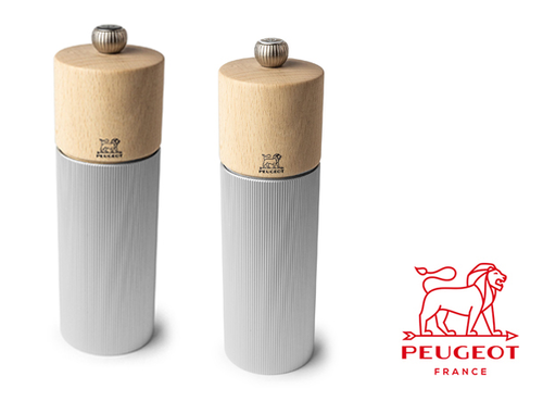 Line Natural Aluminium - Zestaw luksusowych młynków do przypraw, frezowane aluminium i drewno, 18 cm, Peugeot