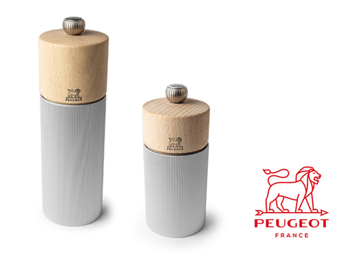 Line Natural Aluminium - Zestaw luksusowych młynków do przypraw, frezowane aluminium i drewno, 12 i 18 cm, Peugeot