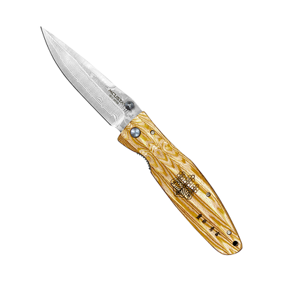 Sengoku Yellow Pakka Damascus, japoński składany nóż 8,6 cm, stal VG-10, Mcusta