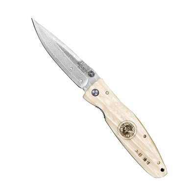 Sengoku White Micarta Damascus, japoński składany nóż 8,6 cm, stal VG-10, Mcusta