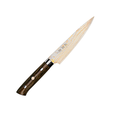 Rainbow Damascus - Japoński ręcznie kuty nóż uniwersalny 13 cm, Aogami 2 + mosiądz i miedź, Takeshi Saji