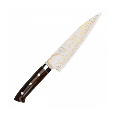 Rainbow Damascus - Japoński ręcznie kuty nóż kucharza Gyutoh 18 cm, Aogami 2 + mosiądz i miedź, Takeshi Saji