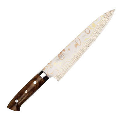Rainbow Damascus - Japoński ręcznie kuty nóż kucharza Gyutoh 21 cm, Aogami 2 + mosiądz i miedź, Takeshi Saji